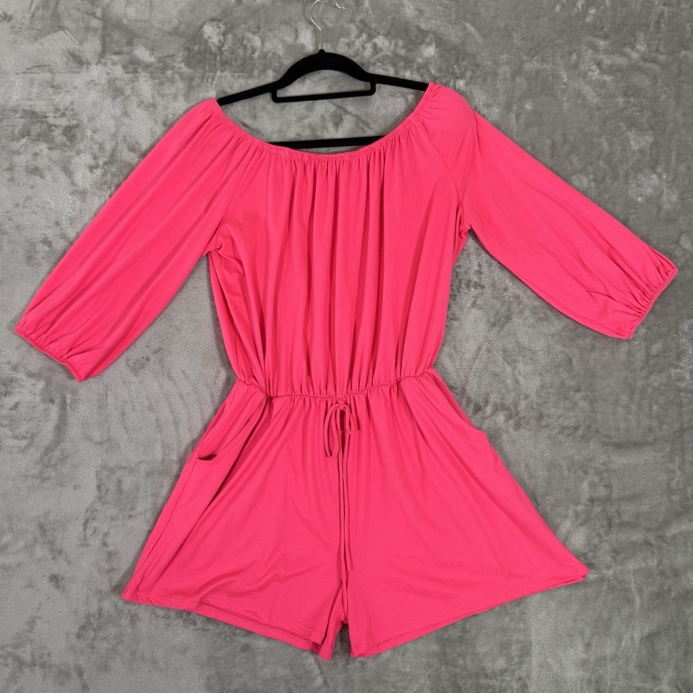 Neon Pink Romper Womens L Off Shoulder Elastic Waist Casual Lounge Summer Shorts
